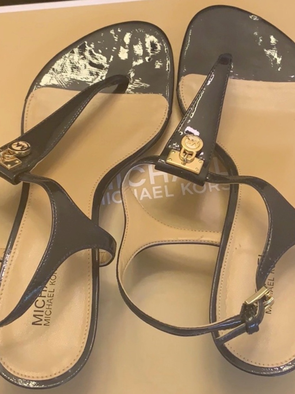 Michael Kors Brown Patent Leather Thong Sandals with Gold Logo